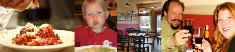 Image strip of sunday gravy, child, restaurant interior and toasting customers